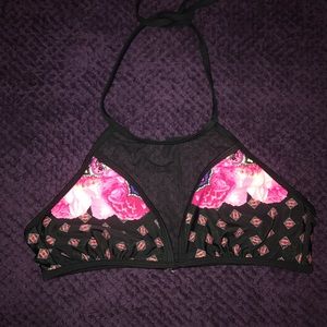 Black Mesh Floral Swimsuit Top